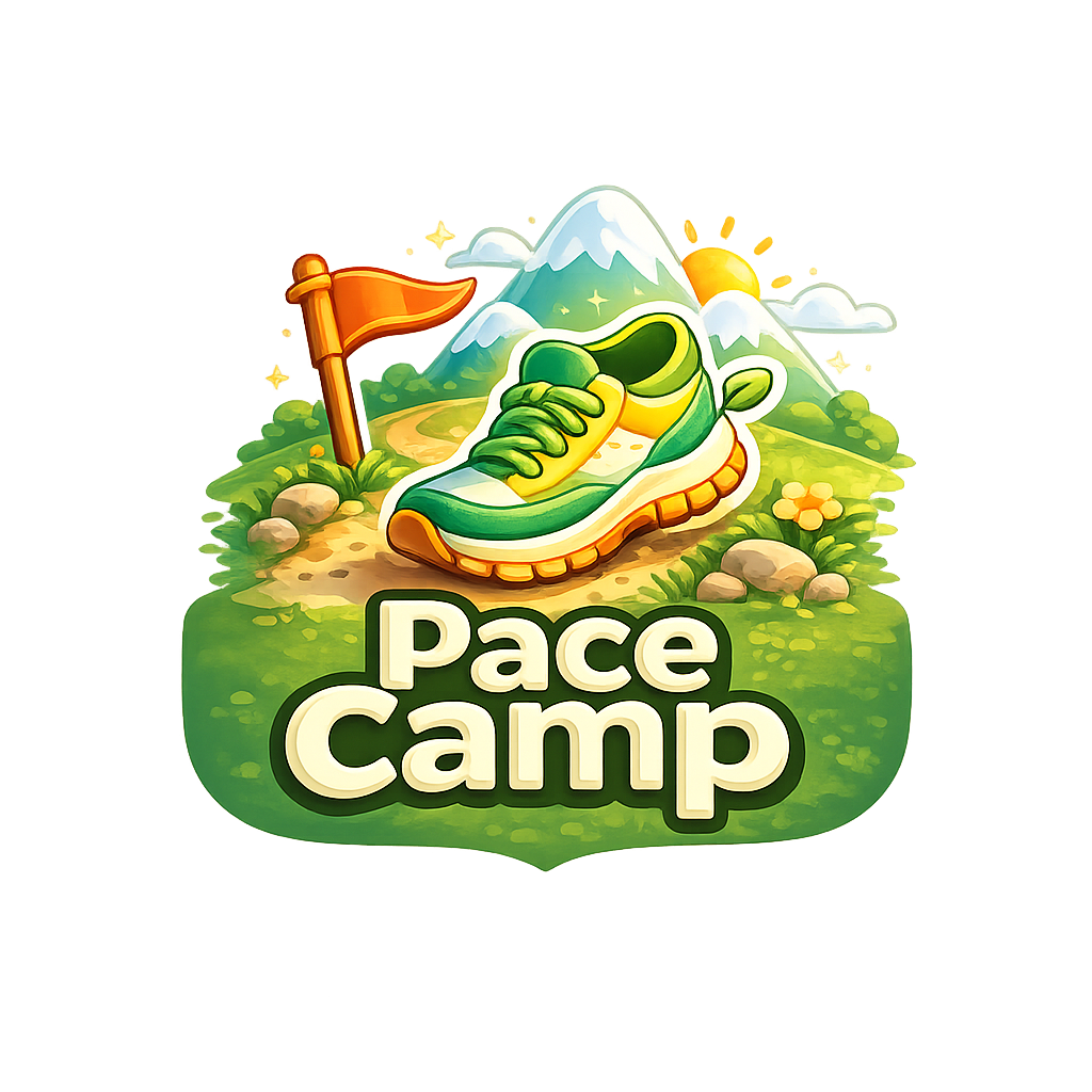 PaceCamp adventure logo with running shoe and mountain trail